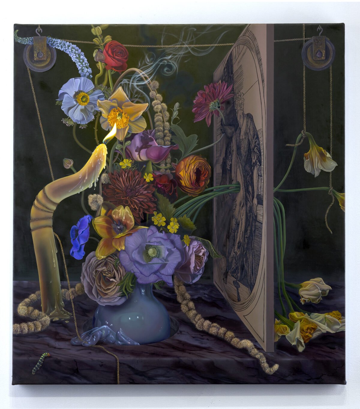 This image depicts an artwork by Marisa Adesman titled "By a Thread." This artwork was created in 2023 and measures 24" x 22" [HxW] (60.96 x 55.88 cm). Its medium is Oil on canvas.