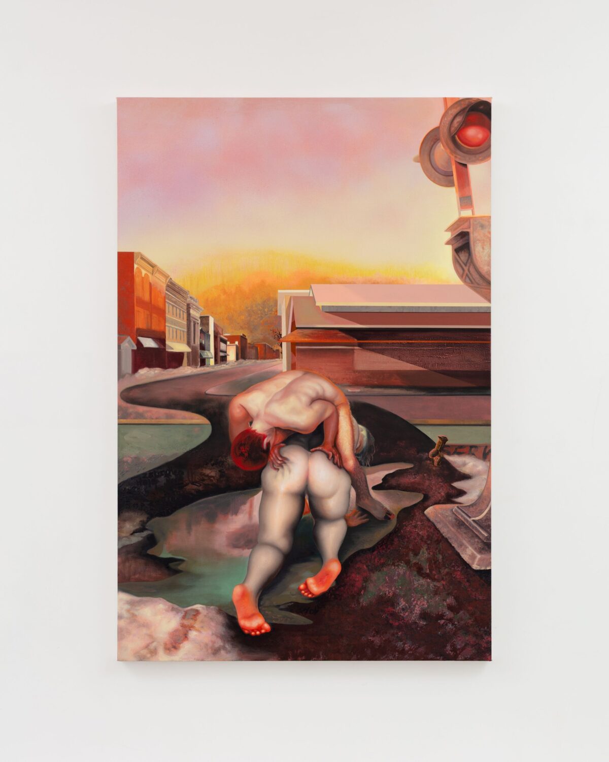 This image depicts an artwork by Alannah Farrell titled "Surrender and Longing." This artwork was created in 2026 and measures 60" x 40" [HxW] (152.4 x 101.6 cm). Its medium is Oil, acrylic, and spray paint on canvas.