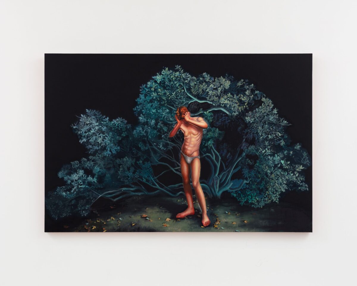 This image depicts an artwork by Alannah Farrell titled "Doubts even here." This artwork was created in 2026 and measures 40" x 60" [HxW] (101.6 x 152.4 cm). Its medium is Oil and acrylic on canvas.